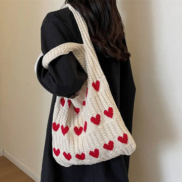 Qfdian 1PC New Knitted Bag Women's Summer Handmade Woolen Underarm Tote Bag Love Shopping Beach Shoulder Bag